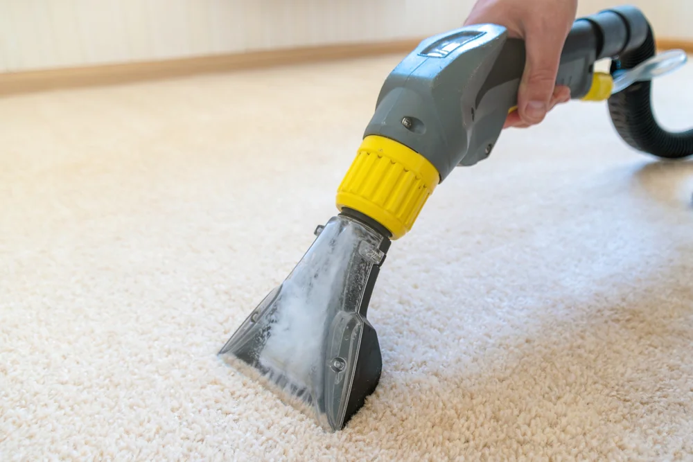 A close-up of a person using a carpet cleaning machine with a transparent nozzle to clean a light-colored carpet, showing steam or cleaning solution being applied.